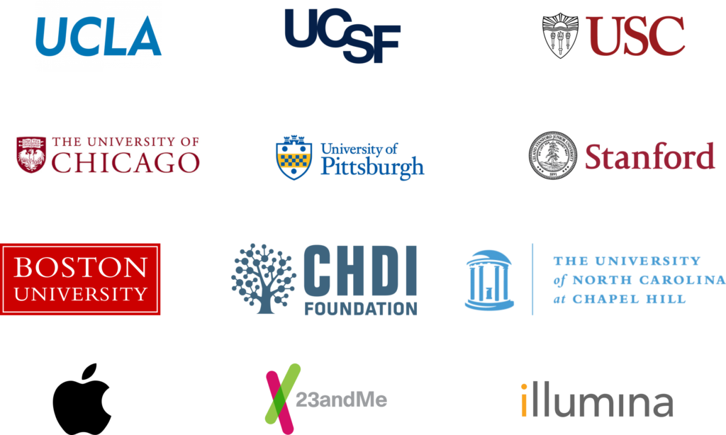 Wordmarks organized from left to right, top to bottom: UCLA, UCSF, USC, The University of Chicago, University of Pittsburgh, Stanford, Boston University, CHDI Foundation, The University of North Carolina at Chapel Hill, Apple, 23andMe, illumina