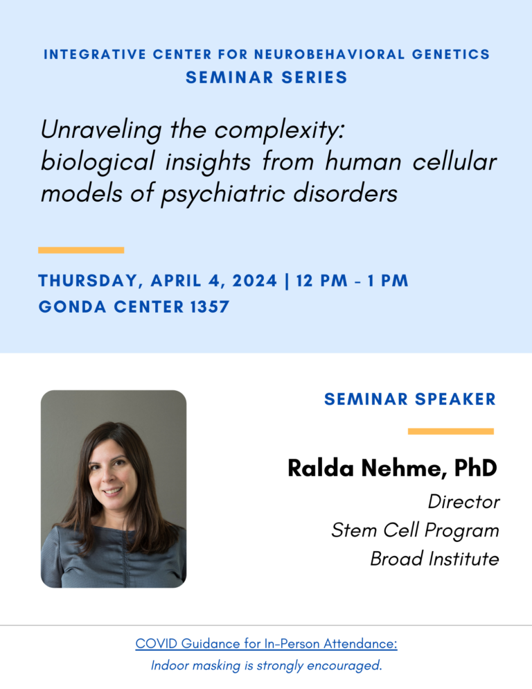 Flyer for Ralda Nehme's ICNG Seminar scheduled on 4/4/2024, 12-1pm, Gonda 1357